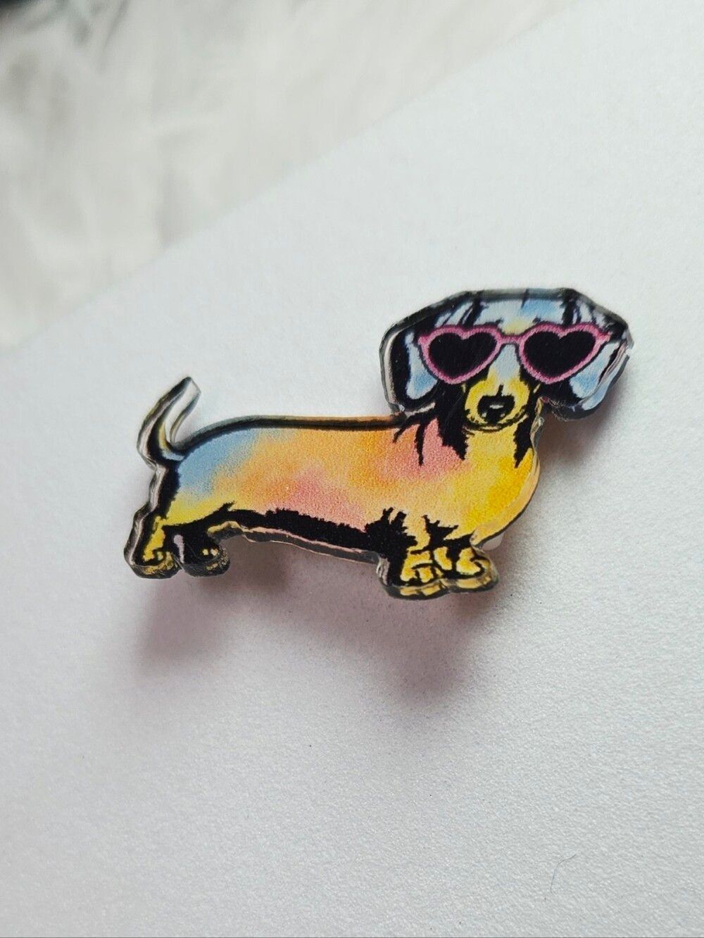 Tie Dye Dachshund Lapel Pin Heart Sunglasses Doxie Acrylic Dog Mom Happy Vibes